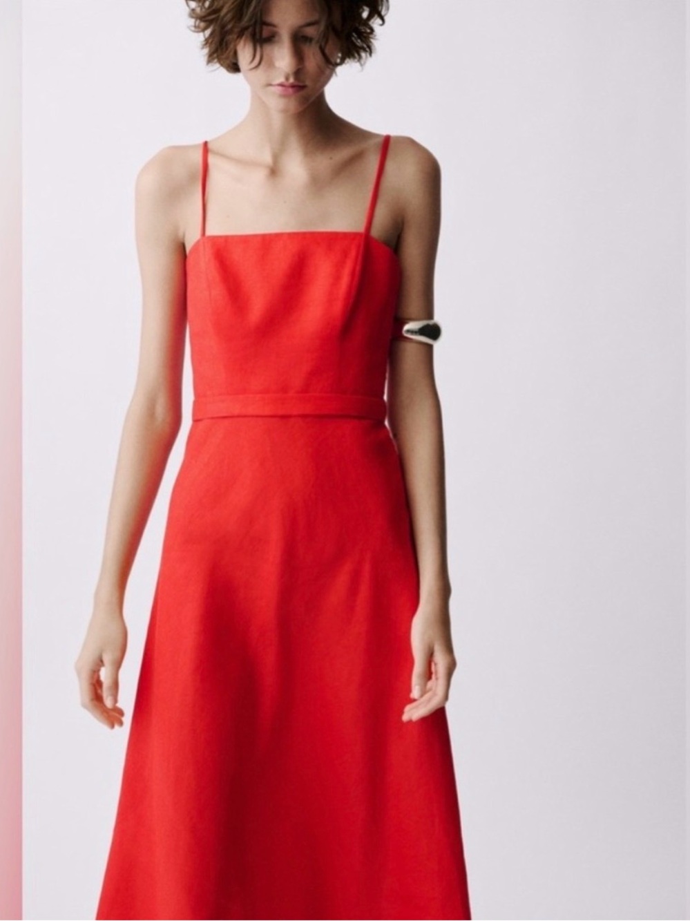 Mango Red Sleeveless Midi linen Dress with Waist Tie